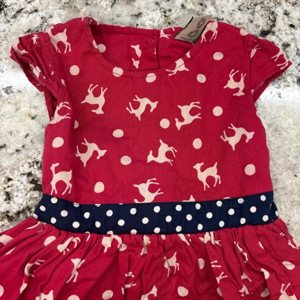 Frugi Girls Kids Dress Deer‎ Red Navy Polka Dots Size 3-4 Lined Bow Organic